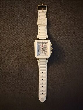 Michele White Square Chronograph Silicone Strap Watch